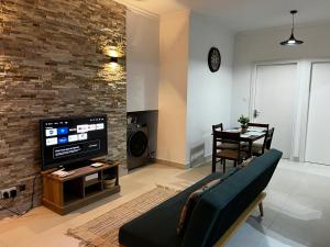 ein Wohnzimmer mit einem Sofa und einem TV in der Unterkunft Les Olives in Flic-en-Flac