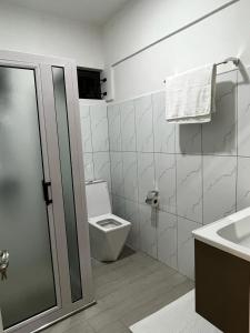 een badkamer met een toilet, een wastafel en een douche bij Les Olives in Flic-en-Flac