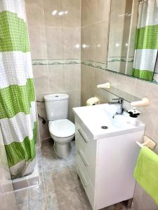 bagno con servizi igienici, lavandino e specchio di Estudio Las Naciones Bellavista a Benalmádena