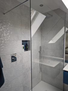um chuveiro com uma porta de vidro na casa de banho em The Nest at Fairfield em Wargrave