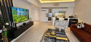 Il comprend un salon doté d'un canapé et d'une télévision à écran plat. dans l'établissement Eskan, à Istanbul