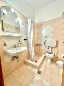 a bathroom with a sink and a toilet and a mirror at Mountain Hotels "Achais" in Planitéron