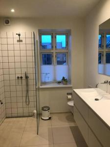 a bathroom with a shower and a toilet and a sink at Vidunderligt byhus, 180m2 i hjertet af Esbjerg. in Esbjerg