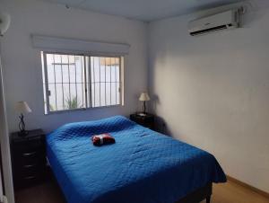 Un dormitorio con una cama azul y una ventana en Acogedora Casa con Jardín, en Maldonado