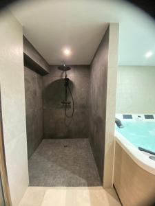 a bathroom with a shower with a tub and a sink at Au clos du seltzbach in Hoffen +10 photos