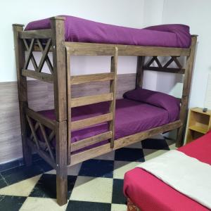 Ce lit superposé se trouve dans un dortoir doté de lits superposés violets. dans l'établissement Pequeña Estación B&B, à Mendoza