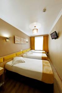 3 camas en una habitación con ventana en Hotel de France en Bruselas