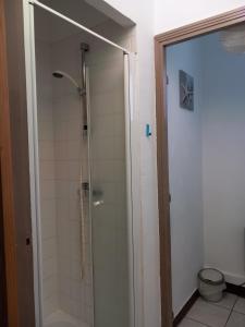 a shower with a glass door in a bathroom at THALASSA in Audresselles