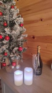 a christmas tree with a bottle of wine and glasses at Glamping Pod Thady Killynick County Fermanagh in Killyhevlin