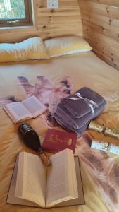 a group of books on a bed next to a book at Glamping Pod Thady Killynick County Fermanagh in Killyhevlin