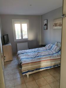 een slaapkamer met een bed, een raam en een televisie bij Gîte 12 couchages in Vailly-sur-Sauldre