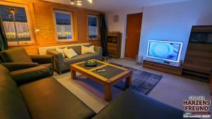 a living room with a couch and a tv at Arode Grosser Harzensfreund in Sankt Andreasberg