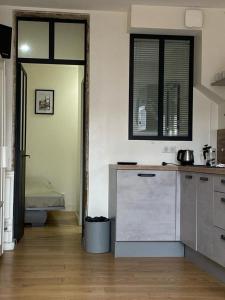 - une cuisine avec un comptoir et une porte menant à une chambre dans l'établissement Lyon Standing Historic City Apartment, à Lyon