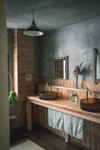 two sinks on a wooden counter in a bathroom at The Greenhouse in Myoko
