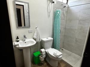 uma casa de banho com um WC, um lavatório e um chuveiro em Peaceful Apartment by the Langosta Beach em Tamarindo