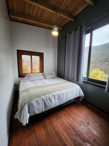 a bedroom with a large bed and two windows at k10lodge in Curacautín