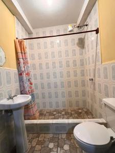 y baño con ducha, aseo y lavamanos. en Hotel Canaan La aurora, en Guatemala