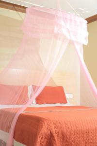 ein Bett mit einem Moskitonetz darüber in der Unterkunft Triple Tee Gardens & Accomodation in Wakiso