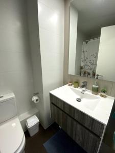 a bathroom with a sink and a toilet and a mirror at Hermoso departamento 2 dormitorios +2 baños, nuevo, ubicación perfecta in Viña del Mar