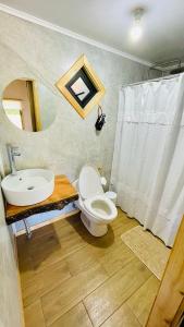 uma casa de banho com um WC, um lavatório e um espelho. em Gran Cabaña con tinaja privada, Curacautín C em Curacautín