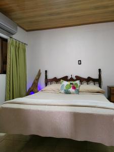 a bedroom with a large bed with green curtains at Casa Victoria in Puntarenas