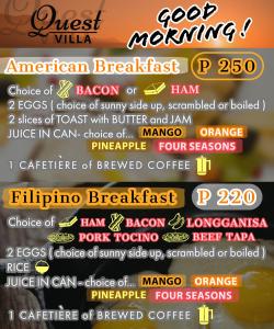 un folleto para un restaurante con una lista de alimentos en Quest Villa en Panglao City