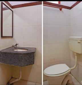 two pictures of a bathroom with a toilet and a sink at PMS INN in Puducherry
