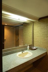 a bathroom with a sink and a large mirror at PURI DIBIA HOTEL in Kuta