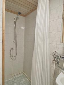 a shower with a shower curtain in a bathroom at City Center Studio Pori in Pori