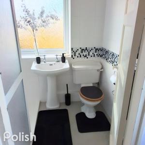 a bathroom with a toilet and a sink and a window at Tsalach Short Lets in Nottingham