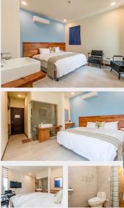 池上鄉的住宿－米樂文旅民宿，两张带两张床的酒店客房的照片