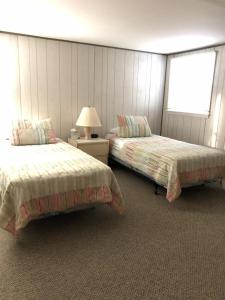 um quarto com 2 camas, um candeeiro e uma janela em Beachy Cape Cod Perfect For Families em Beach Haven