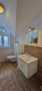 a bathroom with a sink and a toilet and a mirror at Chata SNOW in Valča +20 photos