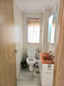 uma pequena casa de banho com WC e lavatório em Habitación Privada a 15 min de la Playa/Piso em Huelva