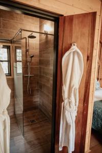 a shower with a glass door in a bathroom at Cabane Rouge-Gorge in Auriac-du-Périgord