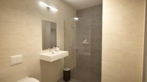 a bathroom with a sink and a toilet and a mirror at ADAPT Apartments Wetzlar in Wetzlar +17 photos