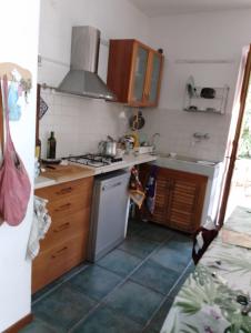 uma cozinha com um lavatório e um fogão forno superior em Padullella, mare e sole!! em Portoferraio