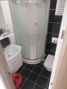 een badkamer met een douche, een wastafel en een toilet bij Marina 2 in Antalya