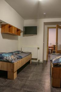 um quarto com 2 camas e uma televisão de ecrã plano em Penzion Kotvas em Milovice