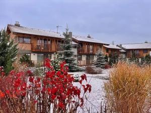 ein Haus mit roten Blumen im Schnee in der Unterkunft Apartmány Friends Tatry in Veľká Lomnica