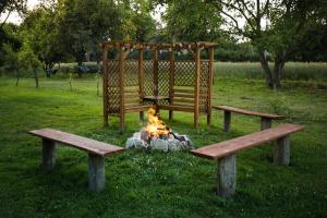 two benches sitting next to a fire in a park at RanczoLatyczyn in Latyczyn +16 photos