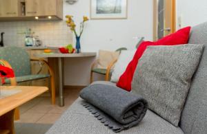 ein Sofa mit einem Kissen darauf im Wohnzimmer in der Unterkunft Usedom Ahoi App 4 in Heringsdorf