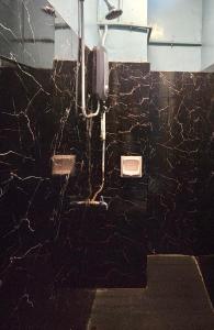 La salle de bains est pourvue d'un mur en marbre noir et d'un urinoir. dans l'établissement Backpacker Cozy Corner Guesthouse, à Singapour