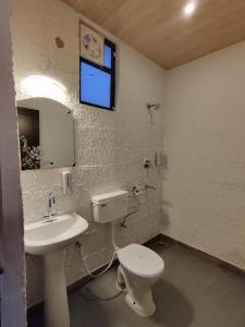 een badkamer met een toilet, een wastafel en een spiegel bij The Sweven NeerVan in Rishīkesh