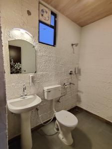 ein Badezimmer mit einem Waschbecken, einem WC und einem Spiegel in der Unterkunft The Sweven NeerVan in Rishikesh