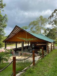 a building with a green roof in a field at Asim Paris Guesthouse in Bukit Lawang