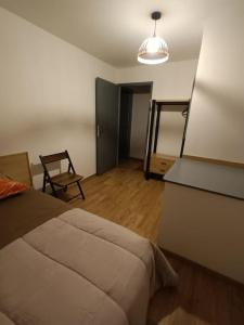 um quarto com uma cama, uma cadeira e uma luz em Le coteau 3 chambres em Charmes