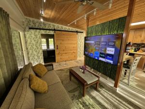 a living room with a couch and a flat screen tv at Secluded house, Opening special in Pahoa
