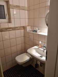 a bathroom with a toilet and a sink at NEU! Ferienhaus am See in Prötzel