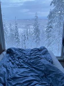 a bed in front of a window with snow covered trees at Swedish Treehouse 